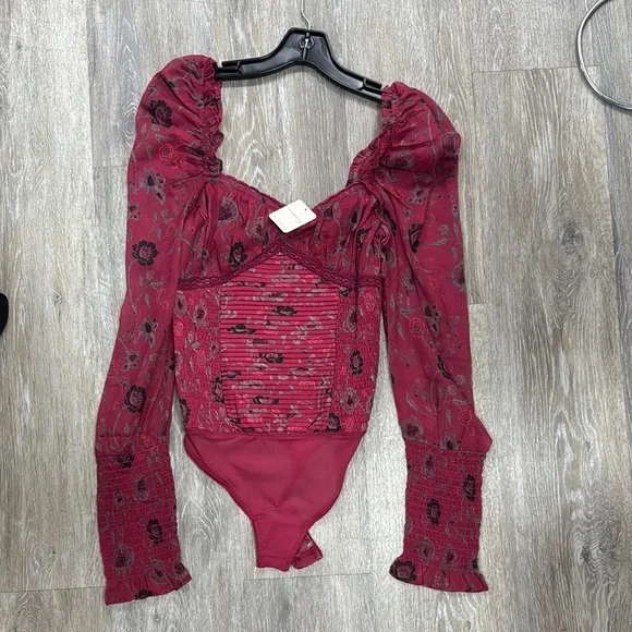Free People Red Puff Sleeve Ruched Bodysuit NWT - Picture 1 of 2